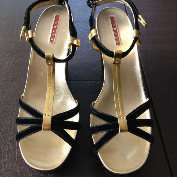 Prada Black Tall Wedge Sandals Size 40 US 9 - Picture 1 of 8